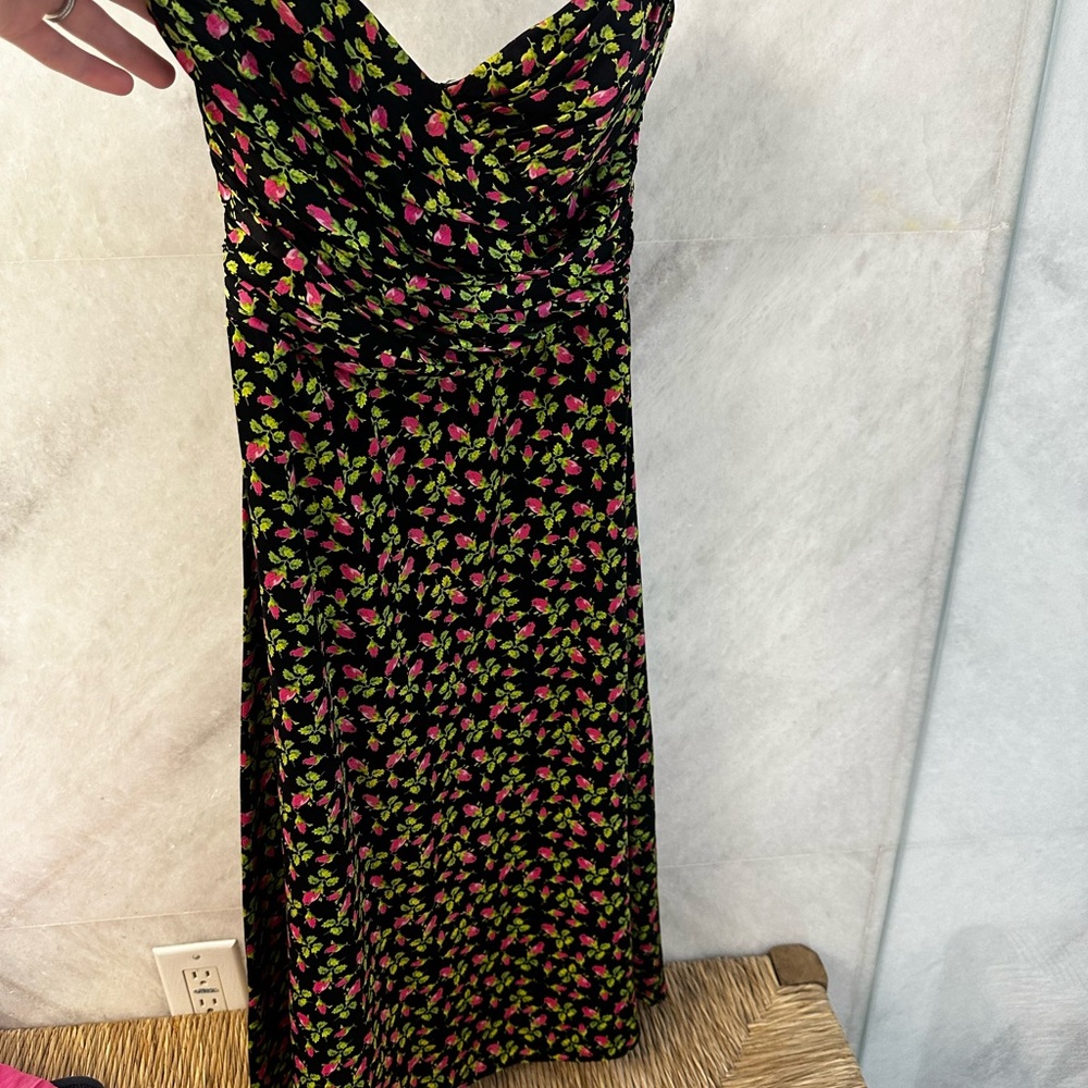 Betsey Johnson Strapless Black Dress with Pink and Green Floral Design silk